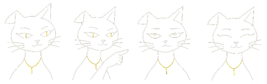 Four expressions of the studio cat: confident, pointing, skeptical and winking